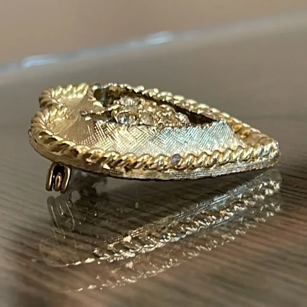 Vintage Light Gold-tone Texture Heart Pin with Rhinestone Accents